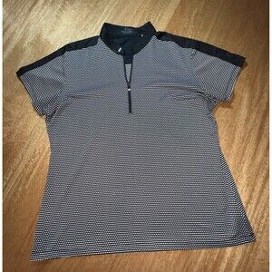 Nancy Lopez Delux Dri Polo Shirt Womens XL Black White Dots 1/4 Zip Band Collar